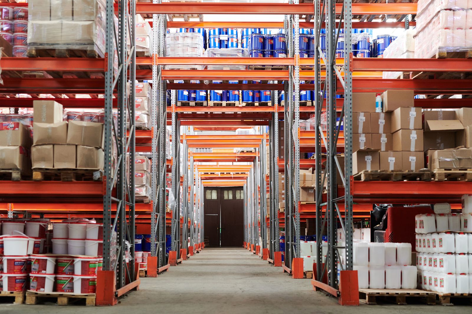 Aisles of pallet racking in a distribution warehouse